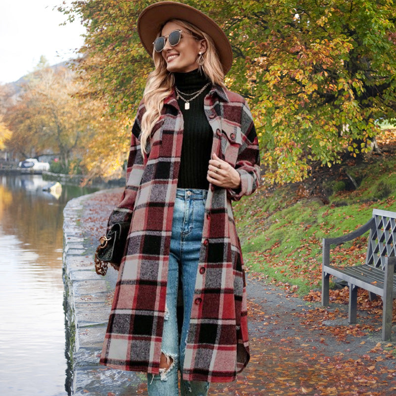 💕Women's Plaid Print Long Sleeve Warm Tweed Coat