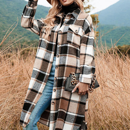💕Women's Plaid Print Long Sleeve Warm Tweed Coat