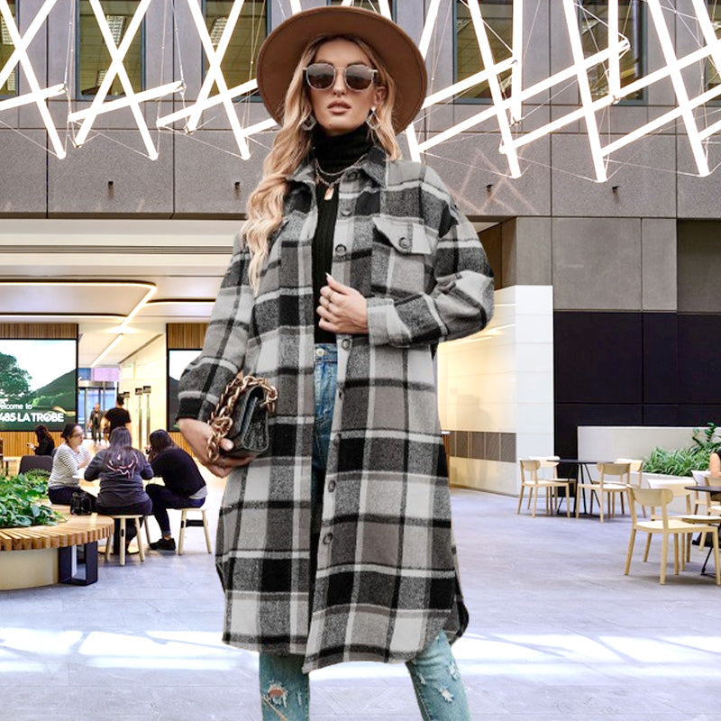 💕Women's Plaid Print Long Sleeve Warm Tweed Coat