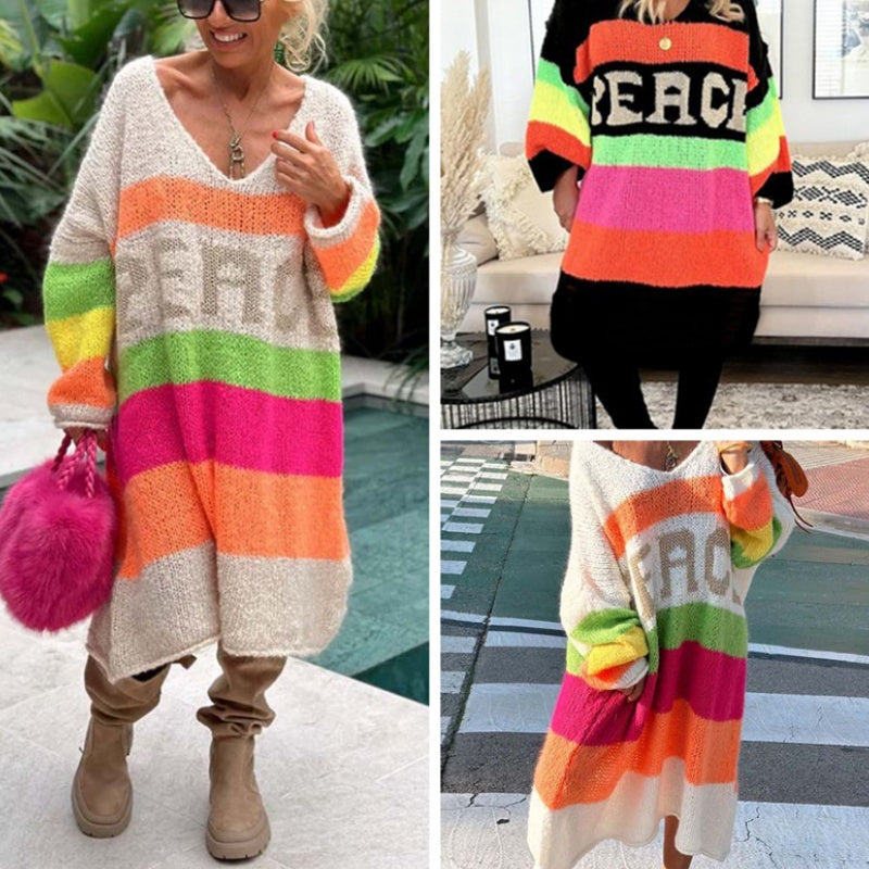 🔥🖤Early Black Friday Sale:50% OFF🔥Color Block V-Neck Letter Print Sweater Dress