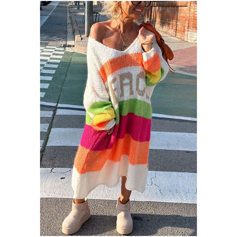 🔥🖤Early Black Friday Sale:50% OFF🔥Color Block V-Neck Letter Print Sweater Dress