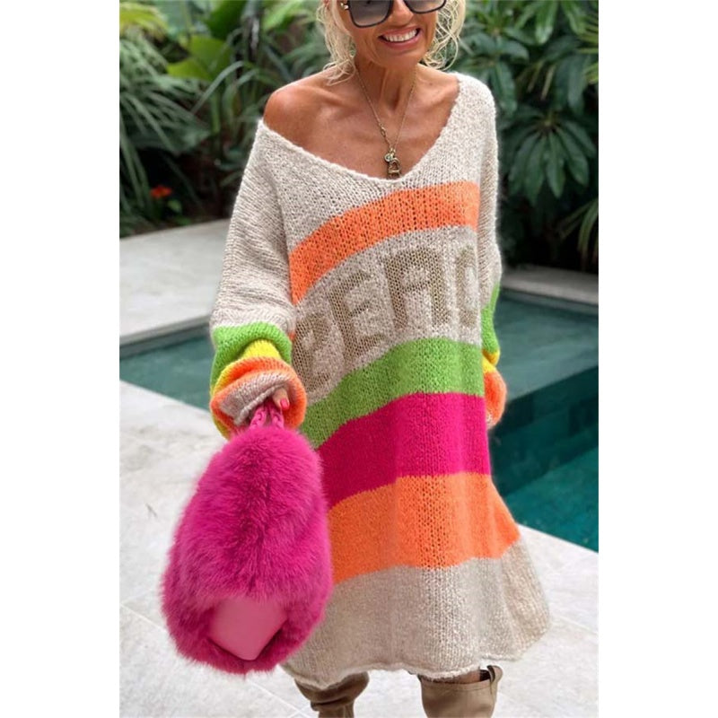 🔥🖤Early Black Friday Sale:50% OFF🔥Color Block V-Neck Letter Print Sweater Dress