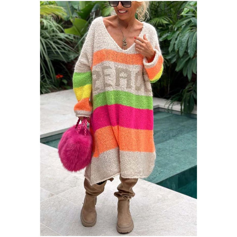 🔥🖤Early Black Friday Sale:50% OFF🔥Color Block V-Neck Letter Print Sweater Dress