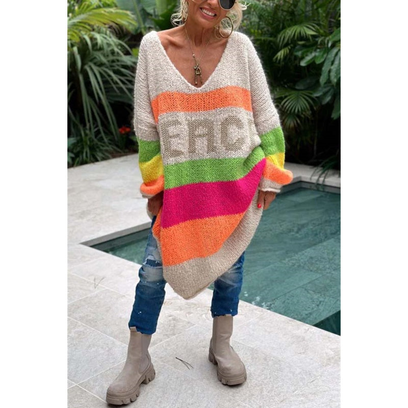 🔥🖤Early Black Friday Sale:50% OFF🔥Color Block V-Neck Letter Print Sweater Dress