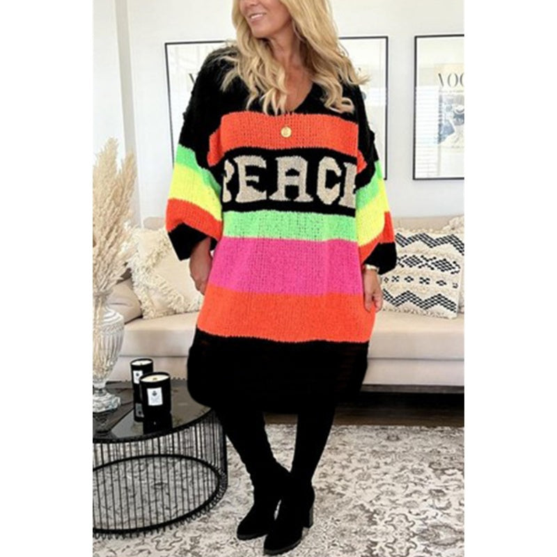 🔥🖤Early Black Friday Sale:50% OFF🔥Color Block V-Neck Letter Print Sweater Dress