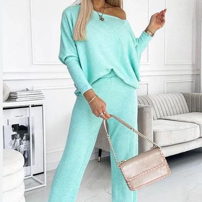 💕Women's Solid Color Drop Shoulder Pullover and Loose Pants Set