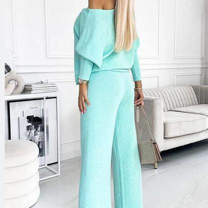 💕Women's Solid Color Drop Shoulder Pullover and Loose Pants Set