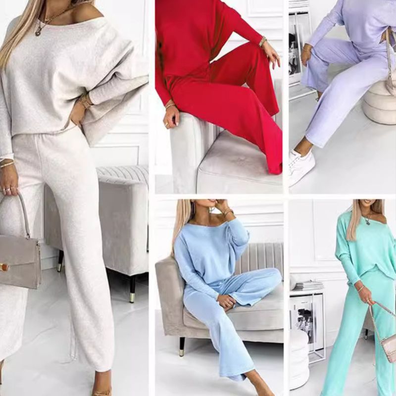 💕Women's Solid Color Drop Shoulder Pullover and Loose Pants Set