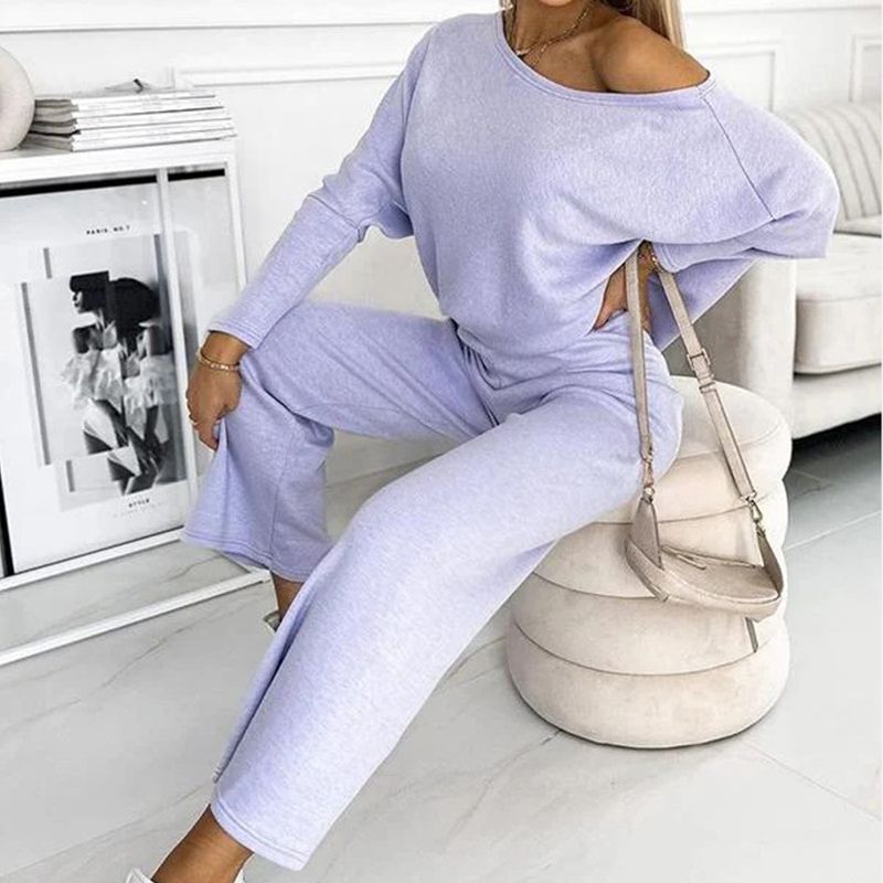 💕Women's Solid Color Drop Shoulder Pullover and Loose Pants Set