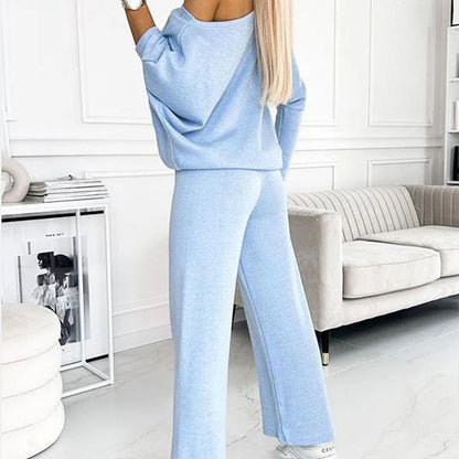 💕Women's Solid Color Drop Shoulder Pullover and Loose Pants Set