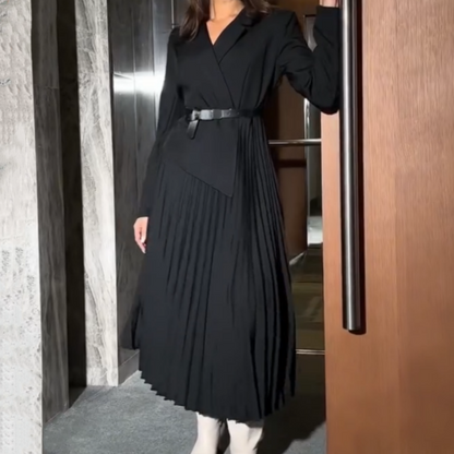 🔥🖤Black Friday Sale:50% OFF🔥Asymmetrical Patchwork Pleated Blazer Dress with Belt