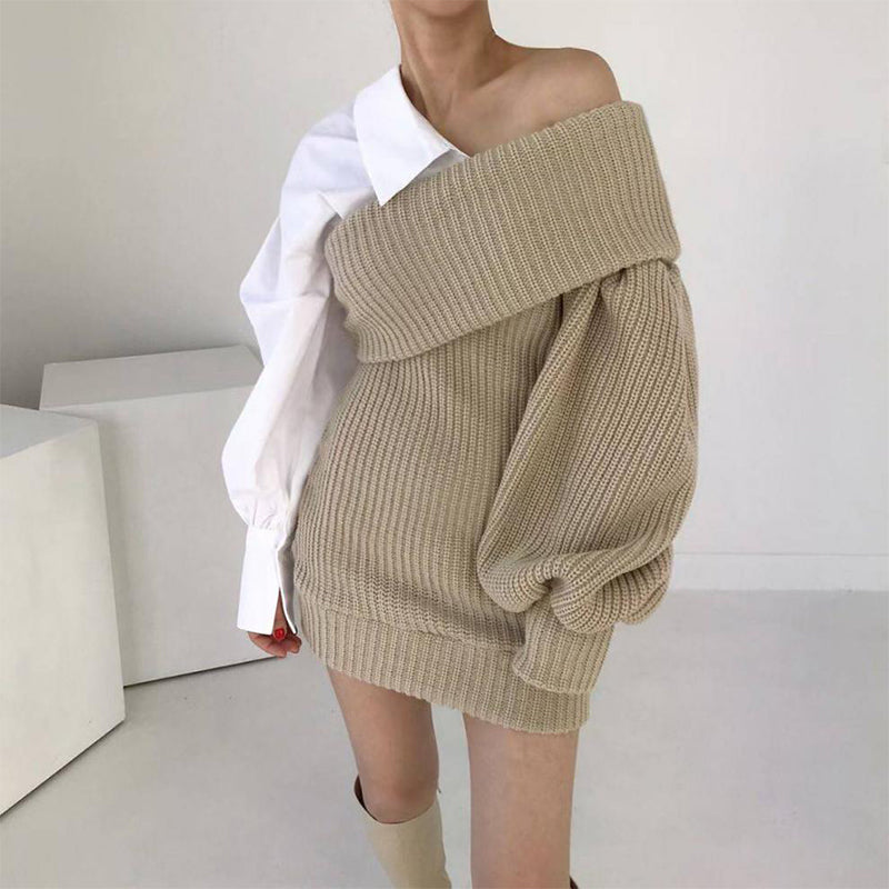 💜 LAST DAY PROMOTION - 50%OFF💜Women's Patchwork Knitted Two-Tone Sweater Dress