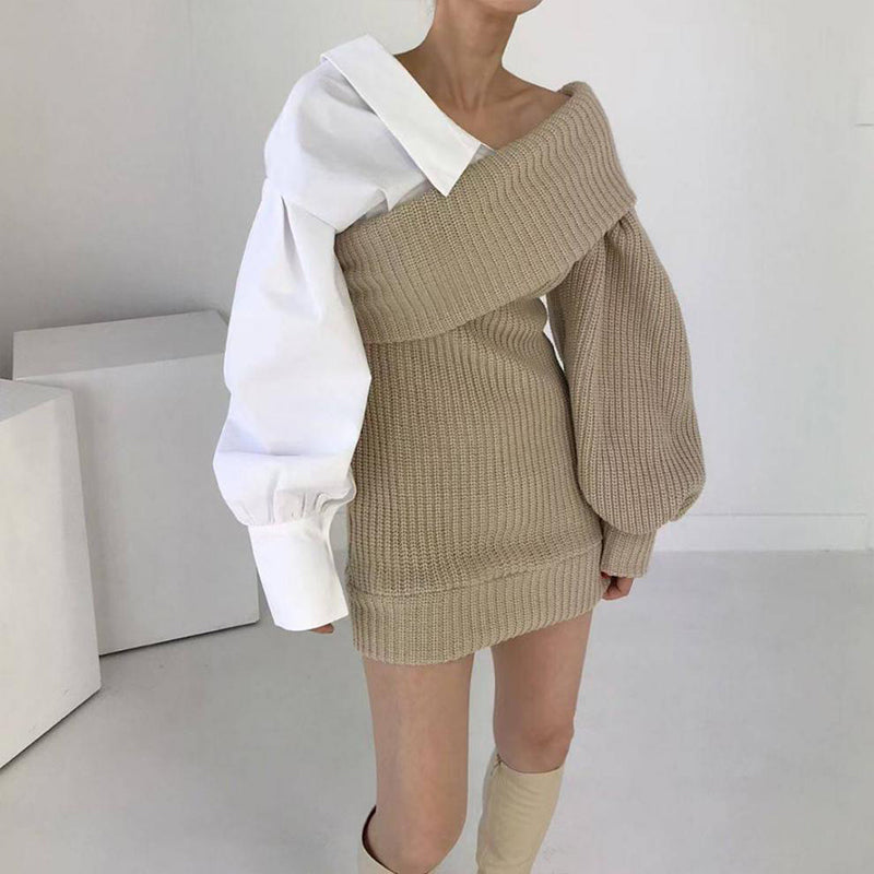 💜 LAST DAY PROMOTION - 50%OFF💜Women's Patchwork Knitted Two-Tone Sweater Dress
