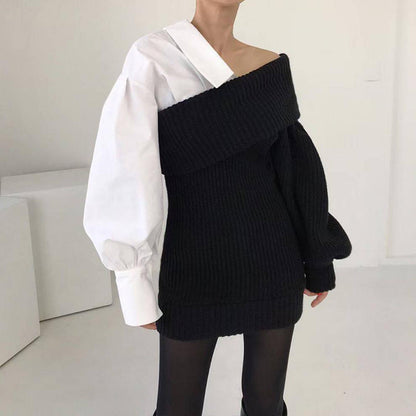 💜 LAST DAY PROMOTION - 50%OFF💜Women's Patchwork Knitted Two-Tone Sweater Dress