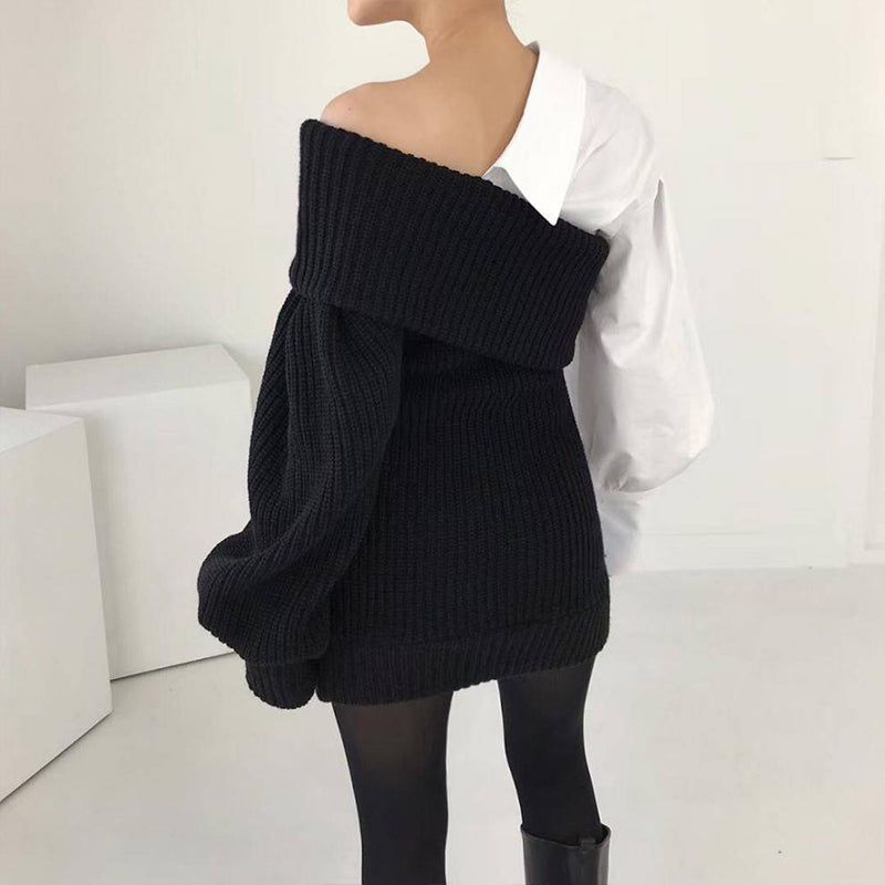 💜 LAST DAY PROMOTION - 50%OFF💜Women's Patchwork Knitted Two-Tone Sweater Dress