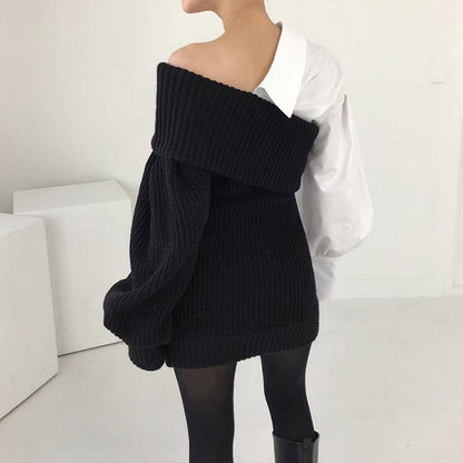 💜 LAST DAY PROMOTION - 50%OFF💜Women's Patchwork Knitted Two-Tone Sweater Dress