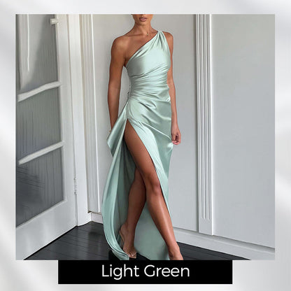 💜 LAST DAY PROMOTION 50%OFF 💜Fits Your Curves Satin One Shoulder Drape Slit Maxi Dress