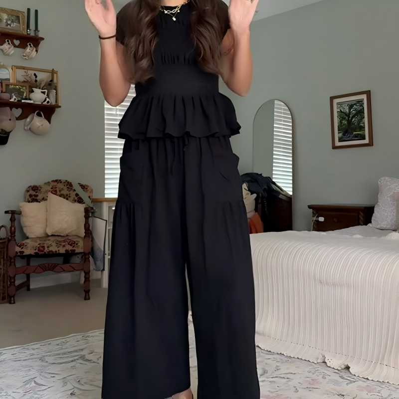 💜LAST DAY-50% OFF💜Women’s Pleated Top & Wide-Leg Pants Set