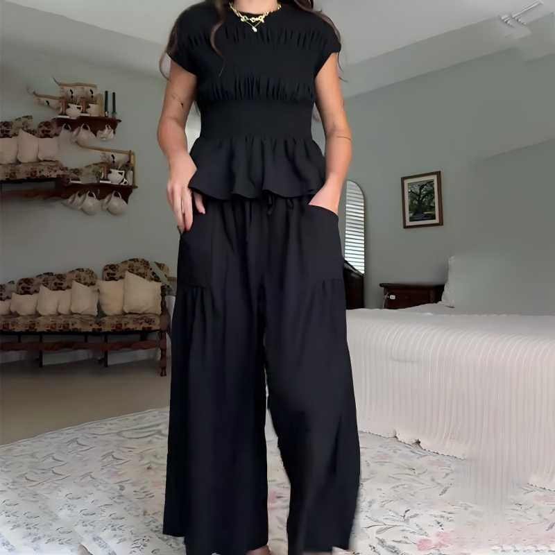 💜LAST DAY-50% OFF💜Women’s Pleated Top & Wide-Leg Pants Set