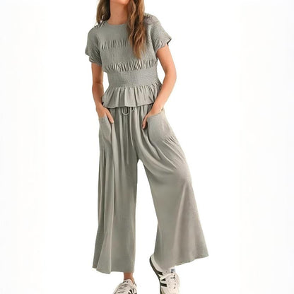 💜LAST DAY-50% OFF💜Women’s Pleated Top & Wide-Leg Pants Set