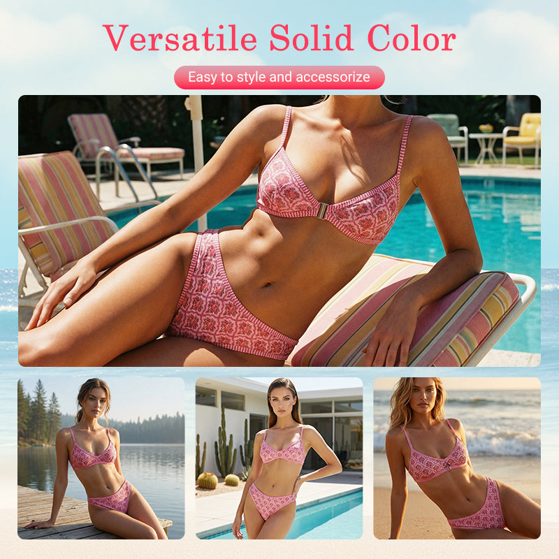 ✨ Pink Vintage Tile Print Bikini Set—This season's beach fashion, showcasing unique charm! ✨