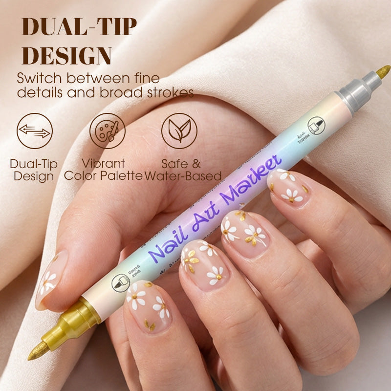 💞Dual-Tip Nail Art Marker Pen Set Quick‑dry, no UV lamp. Fine & brush tips. 12/24 vibrant colors.