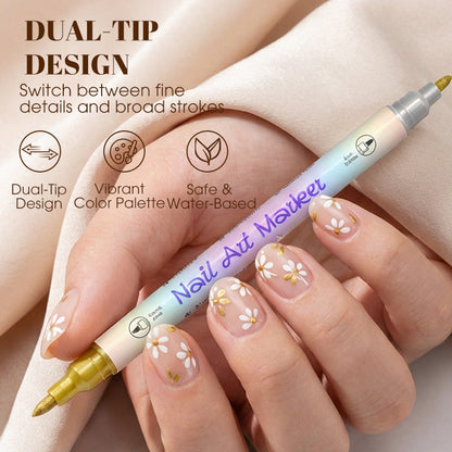 💞Dual-Tip Nail Art Marker Pen Set Quick‑dry, no UV lamp. Fine & brush tips. 12/24 vibrant colors.