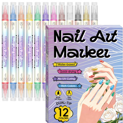 💞Dual-Tip Nail Art Marker Pen Set Quick‑dry, no UV lamp. Fine & brush tips. 12/24 vibrant colors.