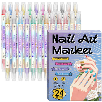 💞Dual-Tip Nail Art Marker Pen Set Quick‑dry, no UV lamp. Fine & brush tips. 12/24 vibrant colors.