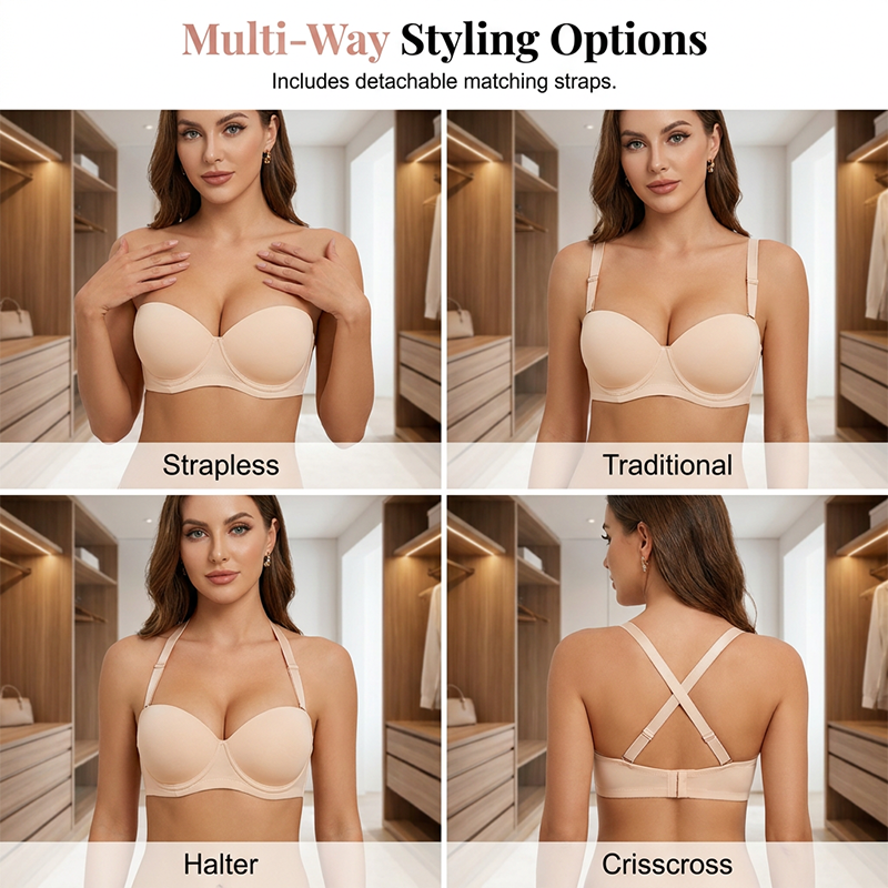 💜Women's Convertible Strapless Minimiser Bandeau Bra Underwire Unlined for Large Bust