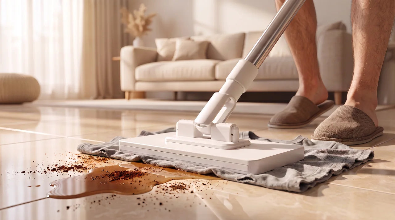 A flat mop with a cleaning cloth beside an everyday spill