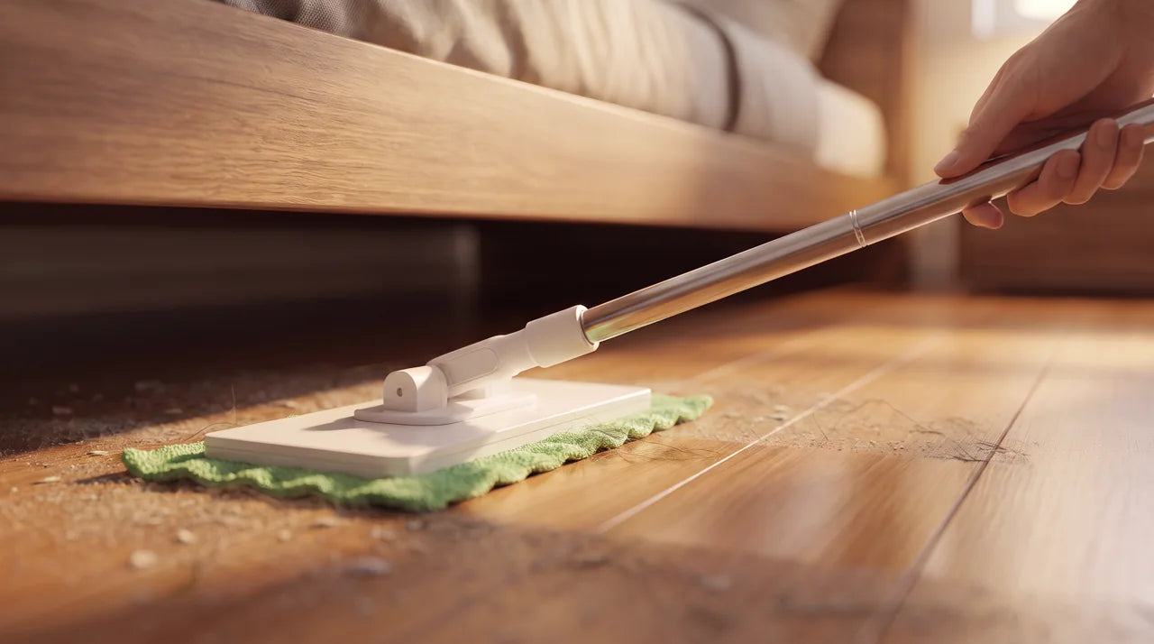 A low mop head reaching beneath a sofa with a cleaning cloth